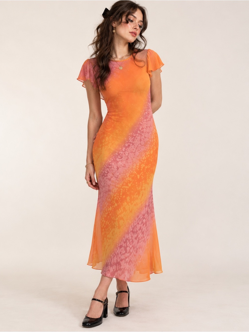 Mary McFadden Collection Orange Pink Abstract Sheer Maxi Dress Size 8 Y2K